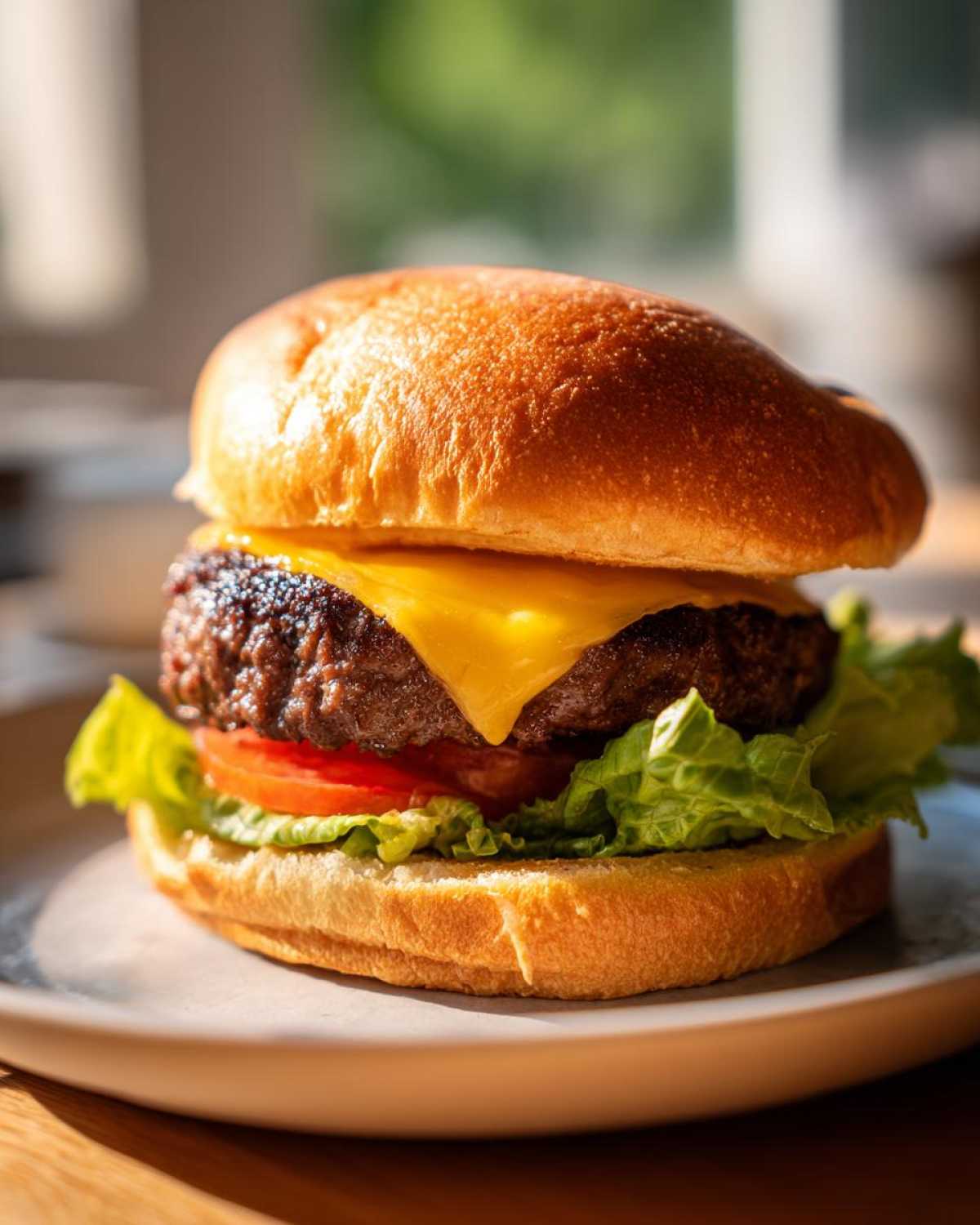 Zbliżenie na soczystego cheseburgera, idealne hamburgery wołowe domowe na talerzu.