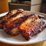 Kawałki soczystej karkówki po grillowaniu, pokryte karmelizowaną marynatą musztardowo-miodową do karkówki.