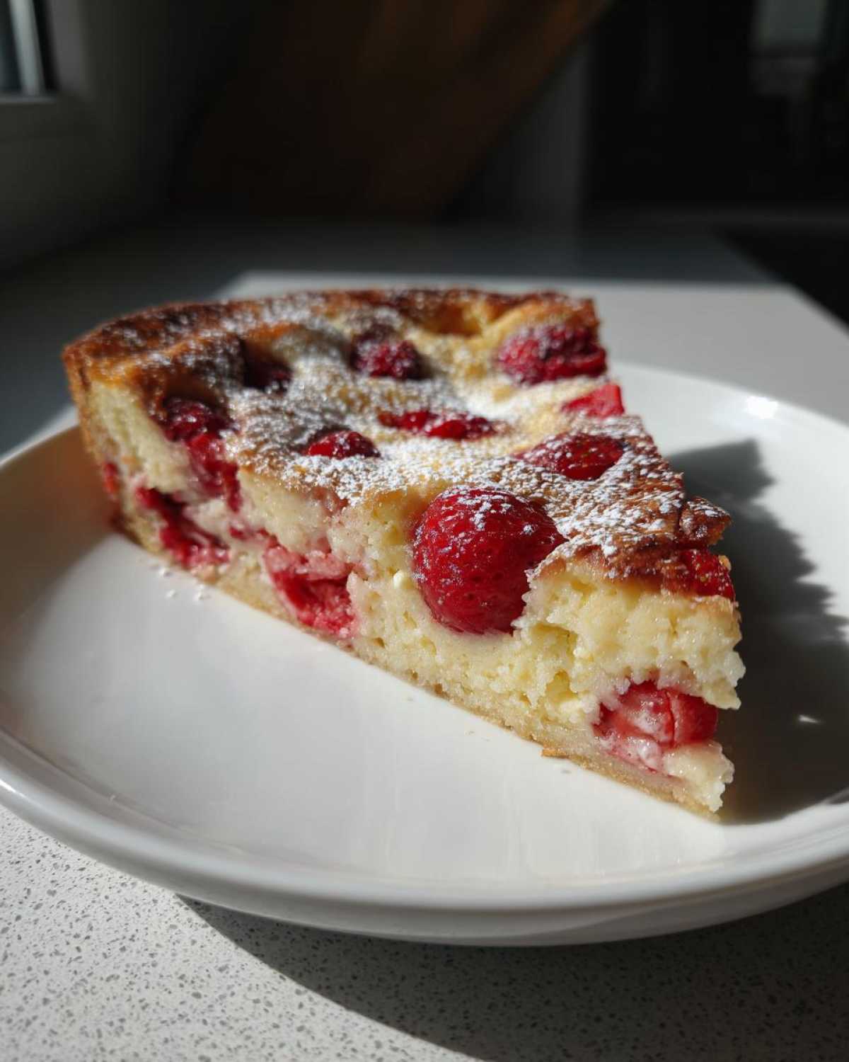 Kawałek puszystego Clafoutis z truskawkami posypany cukrem pudrem na białym talerzu.