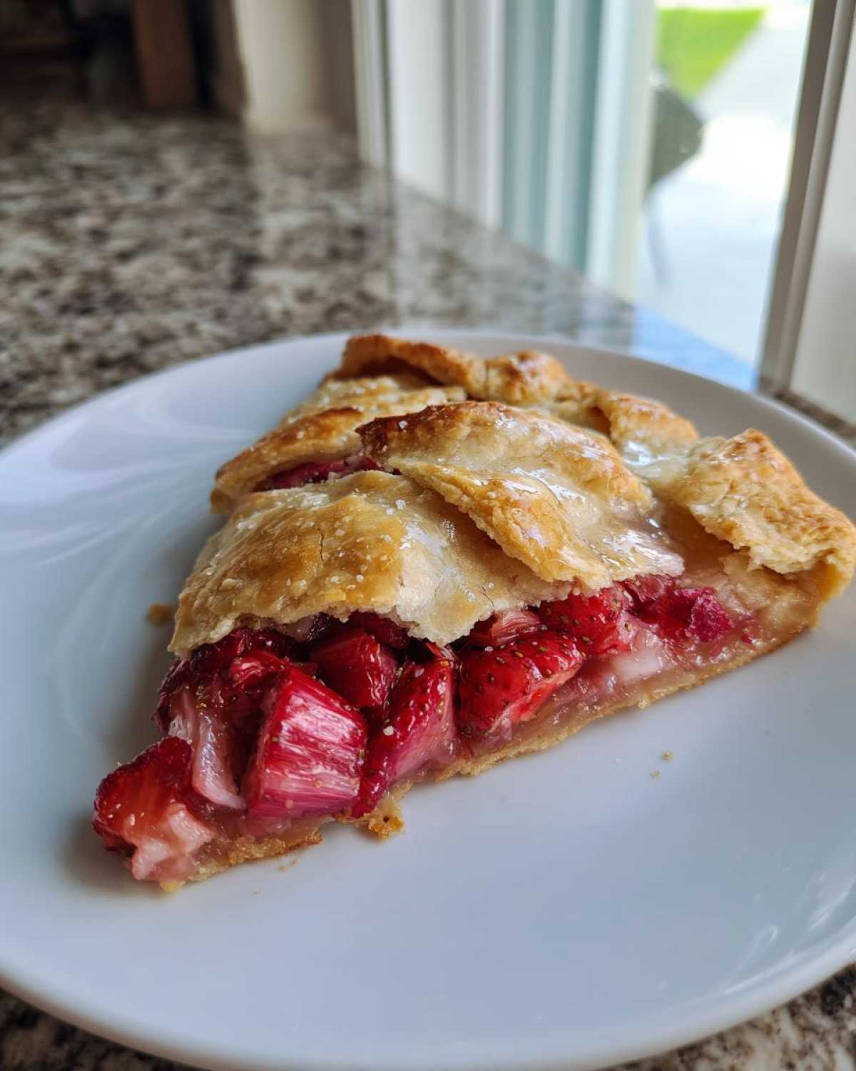 Kawałek chrupiącej Galette z truskawkami i rabarbarem na białym talerzu.