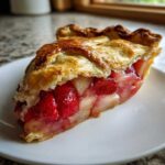 Zbliżenie na kawałek Galette z truskawkami i rabarbarem, z chrupiącym, złotym ciastem i soczystym nadzieniem.