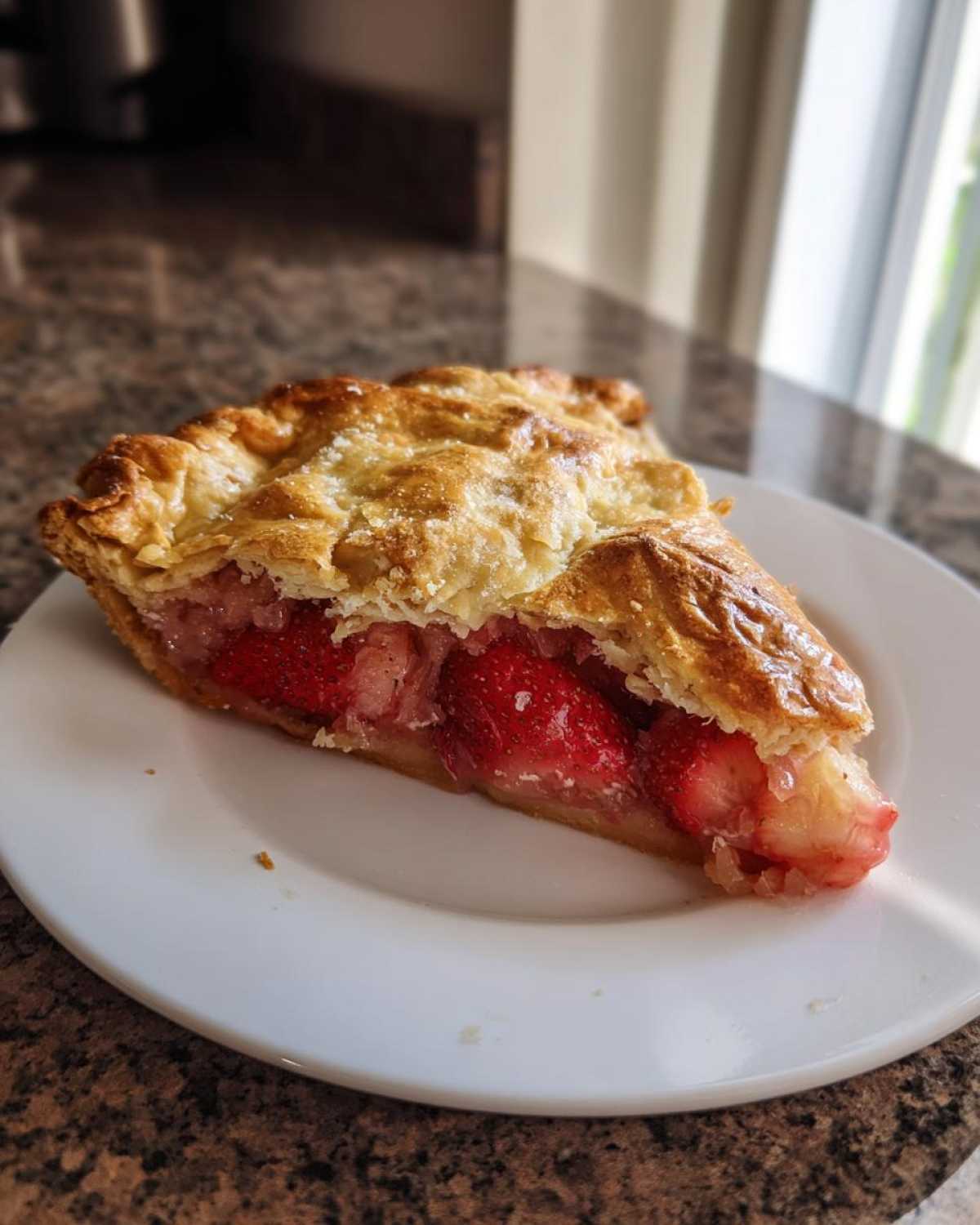 Kawałek chrupiącej Galette z truskawkami i rabarbarem na białym talerzyku.