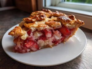Kawałek chrupiącej Galette z truskawkami i rabarbarem na białym talerzyku.