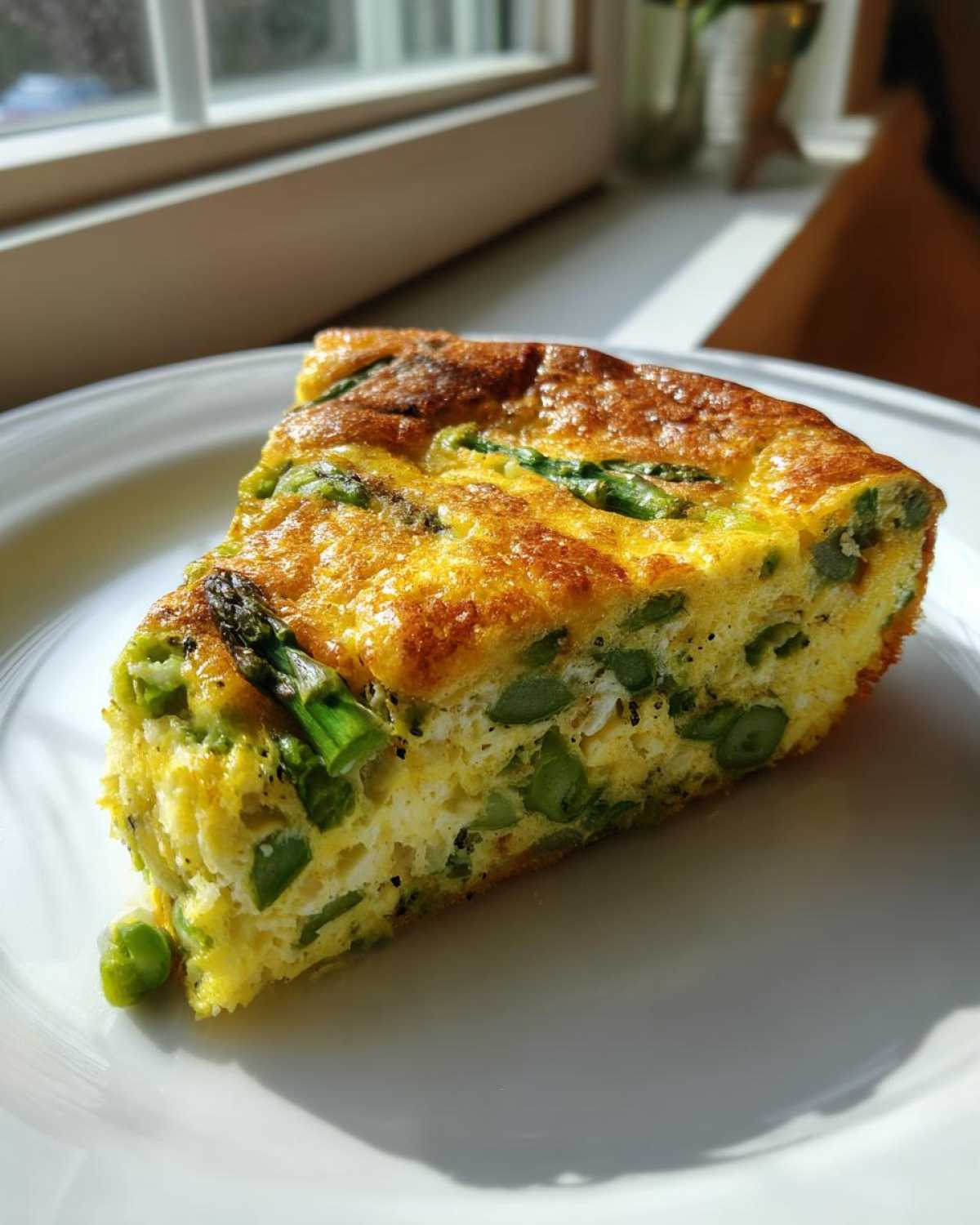 Kawałek puszystej, złocistej Frittata ze szparagami podany na białym talerzu, oświetlony słońcem.