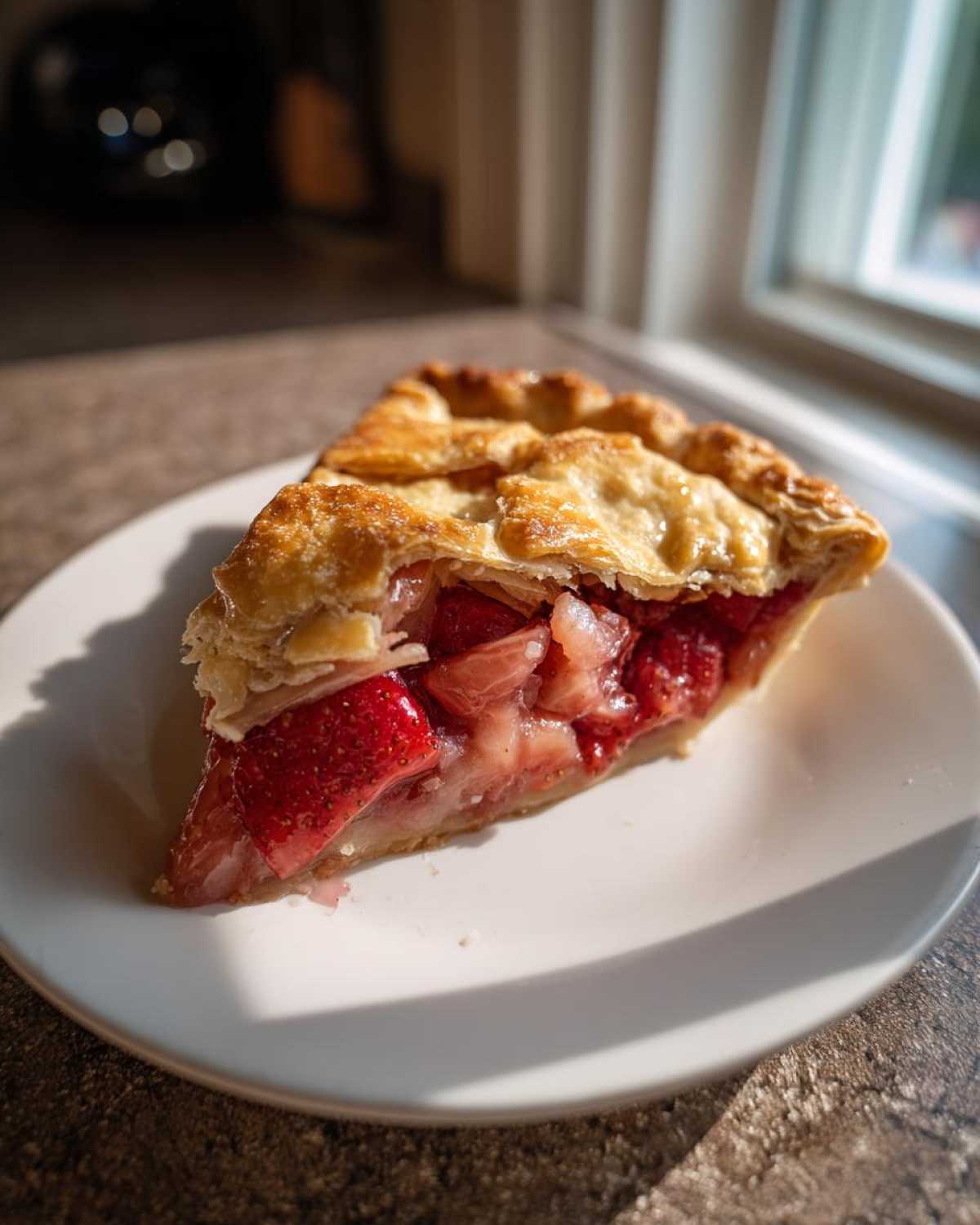 Kawałek pysznej Galette z truskawkami i rabarbarem na białym talerzyku, oświetlony słońcem.