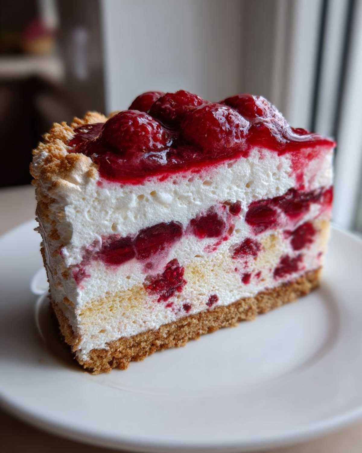 Zbliżenie na kawałek Malinowa chmurka ciasto z warstwami bezy, kremu, biszkoptu i malin.