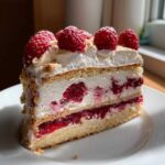 Kawałek puszystego ciasta Malinowa chmurka z warstwami bezy, kremu i malin na białym talerzu.