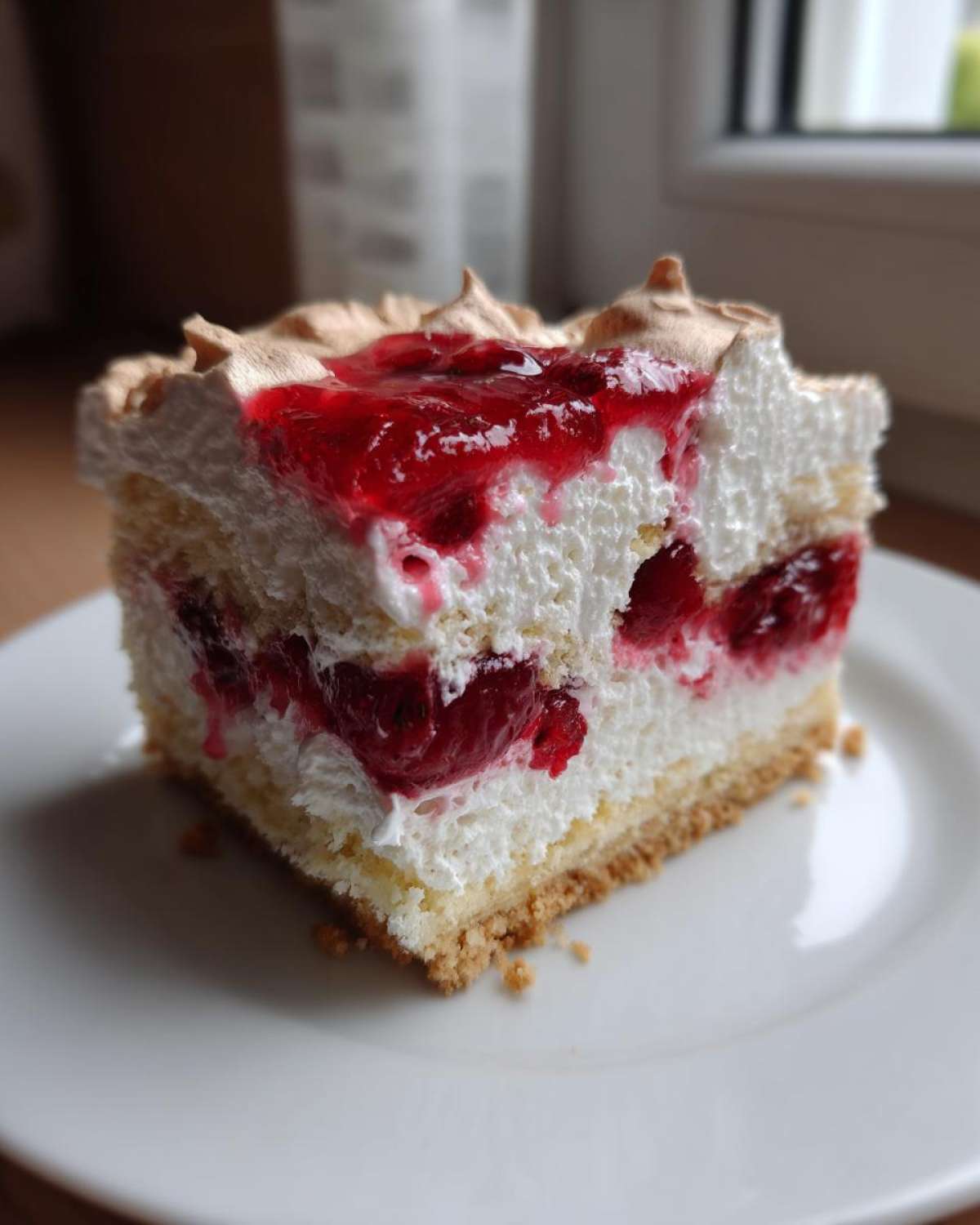 Kawałek puszystego ciasta Malinowa chmurka z warstwą bezy, kremu i malinami na białym talerzyku.