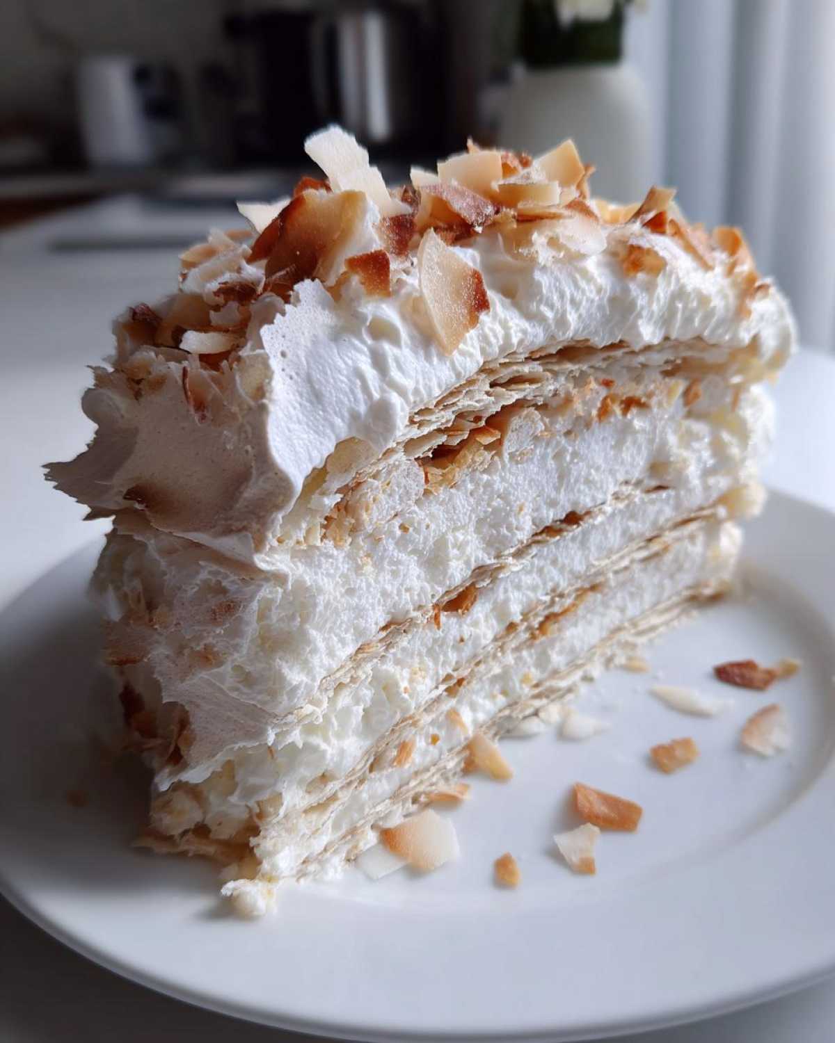 Kawałek puszystego Tortu Bezowego Raffaello z warstwami bezy, kremu i wiórkami kokosowymi.