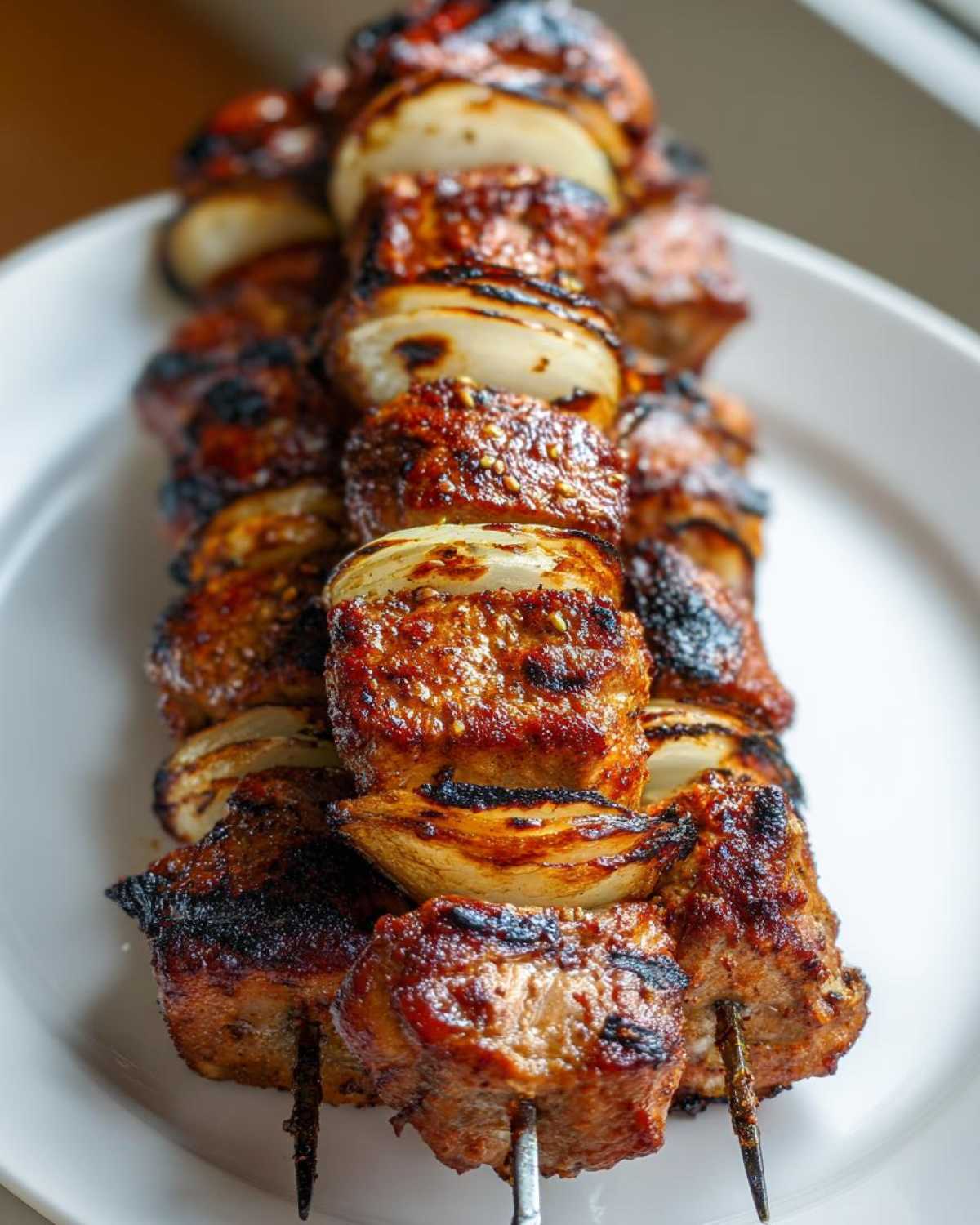 Zbliżenie na szaszłyk z grillowaną karkówką i cebulą – idealny Kebab z karkówki z grilla.