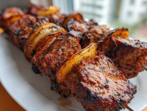 Zbliżenie na szaszłyk z marynowaną, grillowaną karkówką i kawałkami cebuli – idealny Kebab z karkówki z grilla.