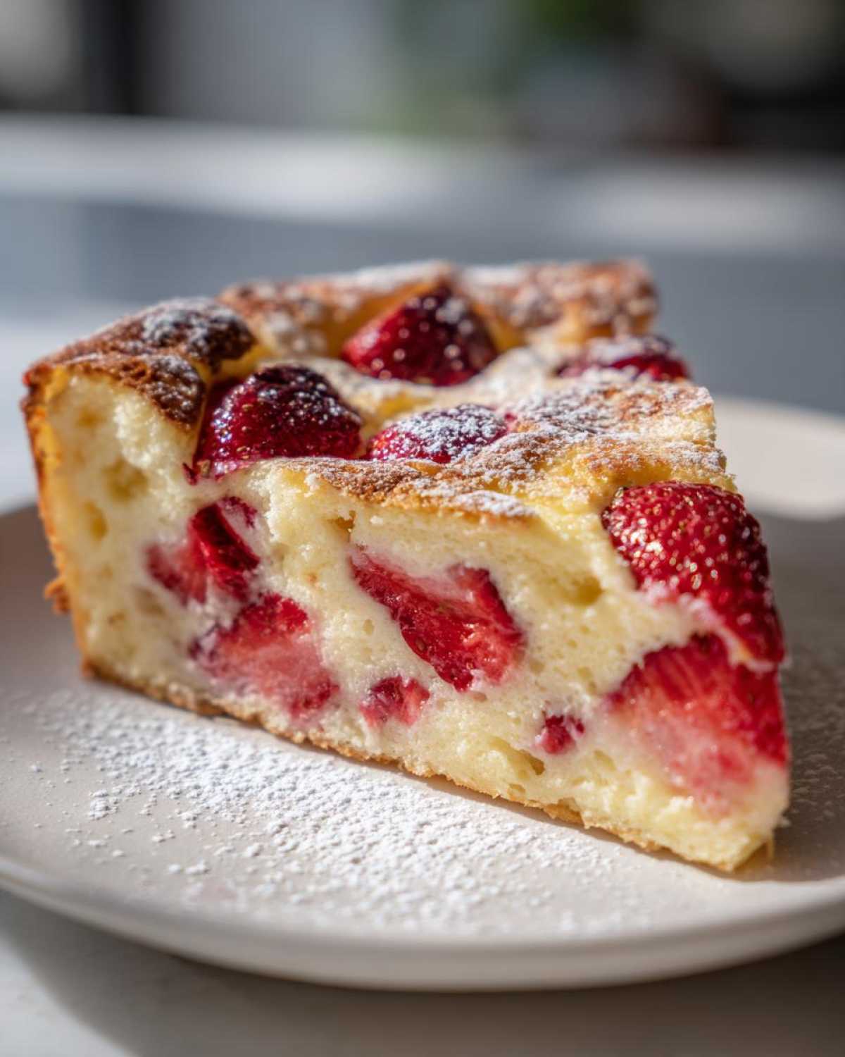 Kawałek puszystego Clafoutis z truskawkami posypany cukrem pudrem na jasnym talerzu.