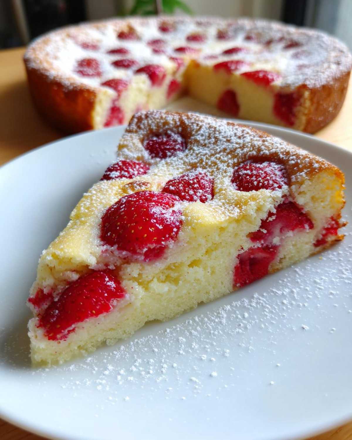 Kawałek puszystego Clafoutis z truskawkami na białym talerzu, posypany cukrem pudrem.