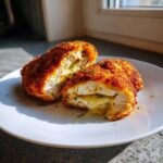 Dwa kawałki Klasyczny kotlet de volaille z roztopionym masłem i serem, obtoczone w chrupiącej panierce.