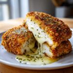 Przekrojony Klasyczny kotlet de volaille z masłem z płynnym, ciągnącym się masłem ziołowym na talerzu.
