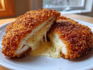 Przekrojony na pół Klasyczny kotlet de volaille z masłem, z którego wypływa aromatyczne, ziołowe masło.