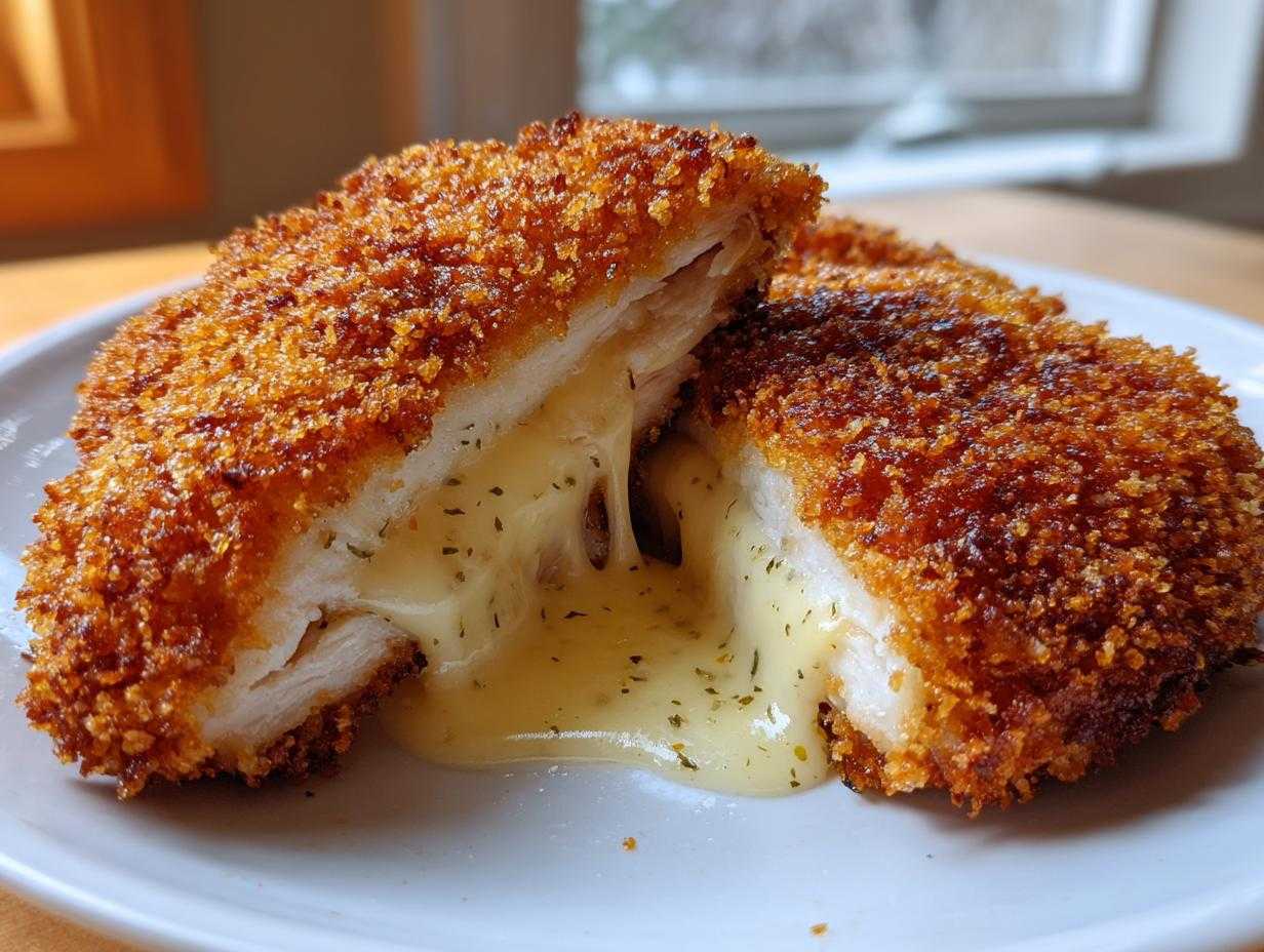 Przekrojony na pół Klasyczny kotlet de volaille z masłem, z którego wypływa aromatyczne, ziołowe masło.