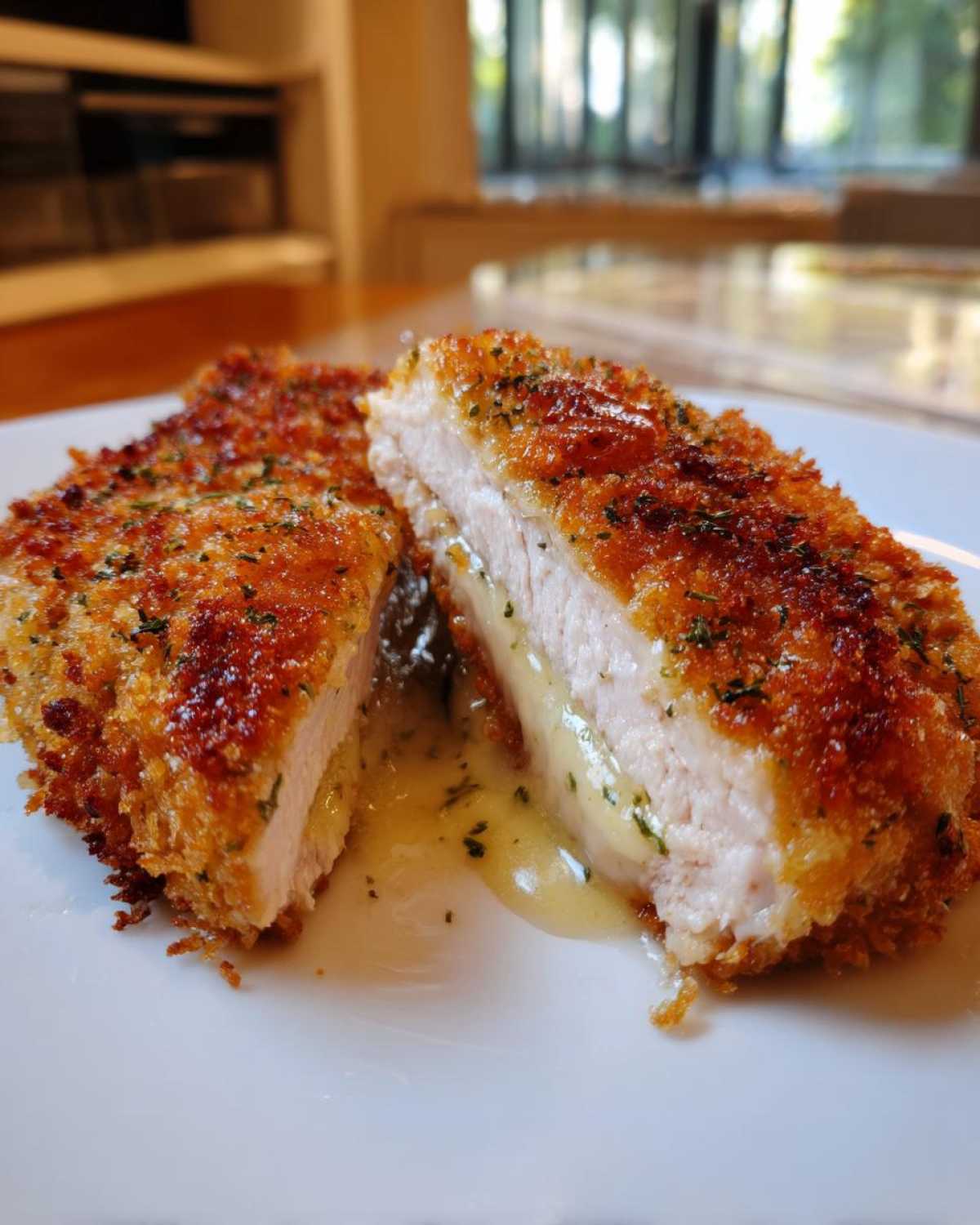 Przekrojony na pół Klasyczny kotlet de volaille z masłem, z którego wypływa aromatyczne ziołowe masło.