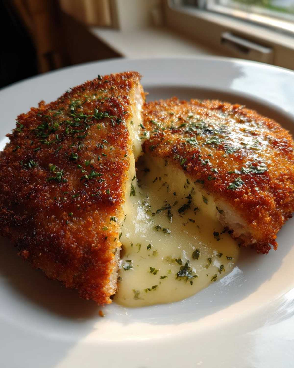 Przekrojony Klasyczny kotlet de volaille z masłem, z którego wypływa aromatyczne, roztopione masło ziołowe.