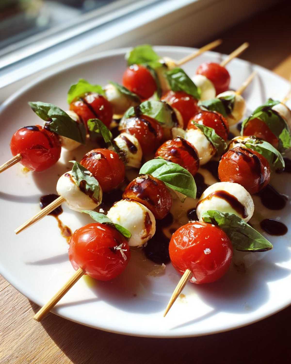 Zbliżenie na koreczki caprese z kulkami mozzarelli, pomidorkami koktajlowymi i bazylią polane sosem balsamicznym.