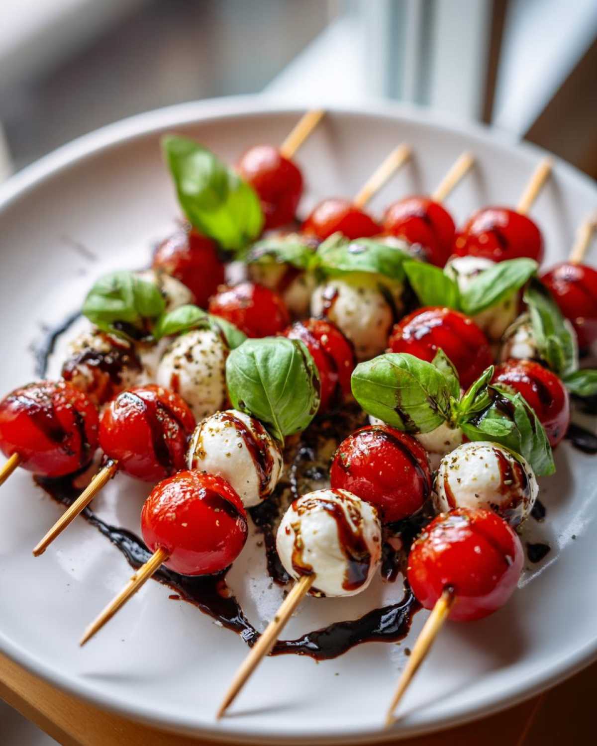 Zbliżenie na Koreczki caprese z kulkami mozzarelli, pomidorkami koktajlowymi i bazylią polane sosem balsamicznym.