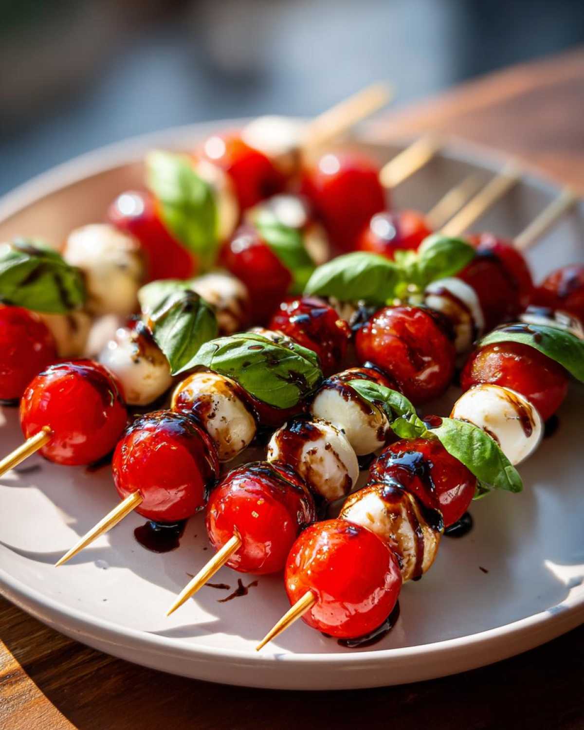Zbliżenie na koreczki caprese z kulkami mozzarelli, pomidorkami koktajlowymi i bazylią polane sosem balsamicznym.