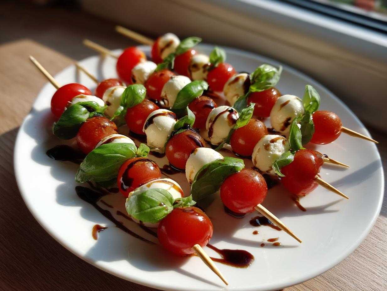 Zbliżenie na koreczki caprese z kulkami mozzarelli, pomidorkami koktajlowymi i bazylią polane sosem balsamicznym.