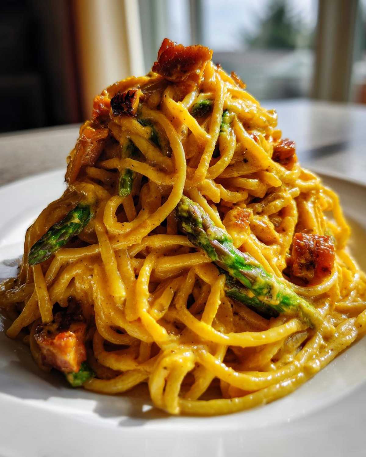 Porcja kremowej Carbonara ze szparagami, makaronu spaghetti w żółtym sosie jajecznym i kawałkami boczku.
