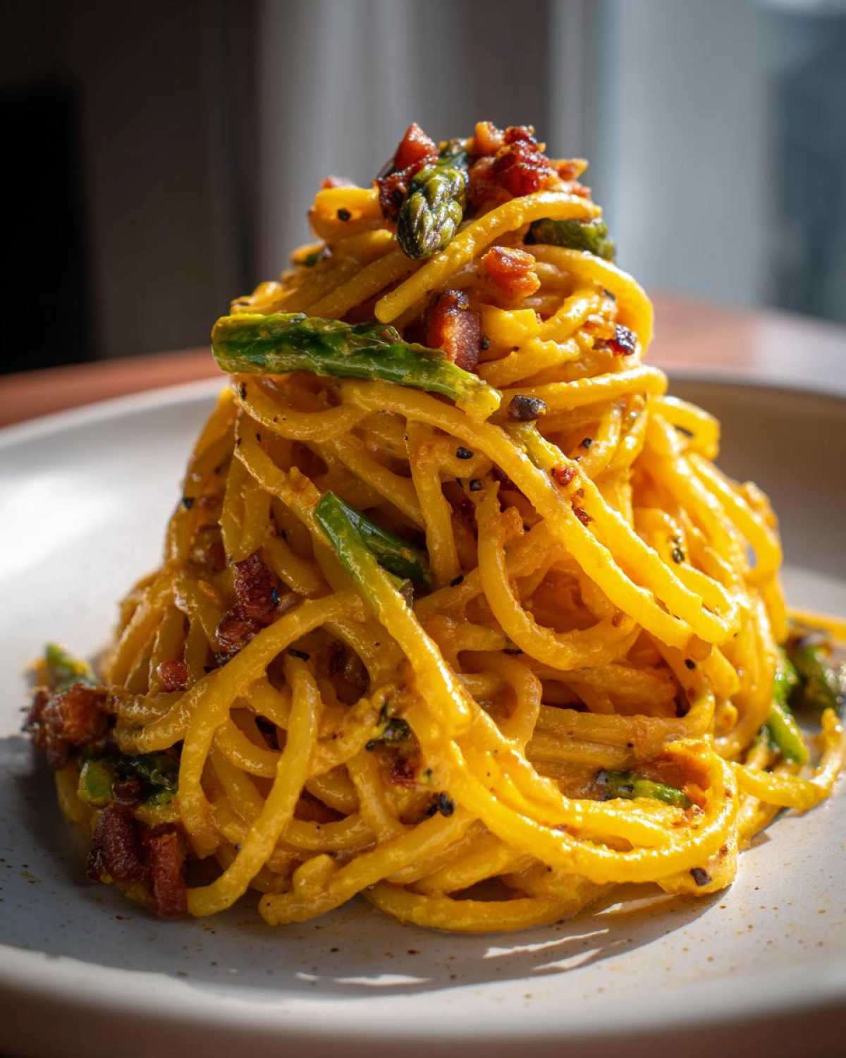 Apetyczna porcja Carbonara ze szparagami uformowana w kopiec na jasnym talerzu.