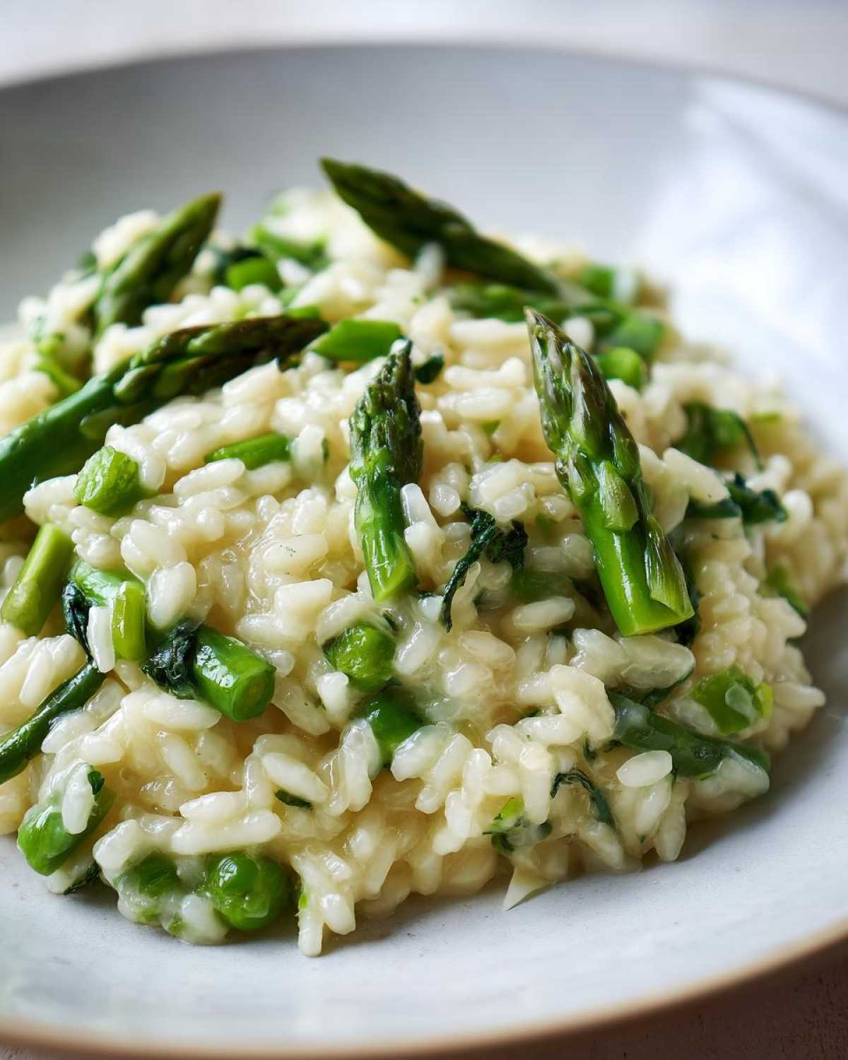 Kremowe Risotto z zielonymi szparagami i groszkiem podane na szarym talerzu.