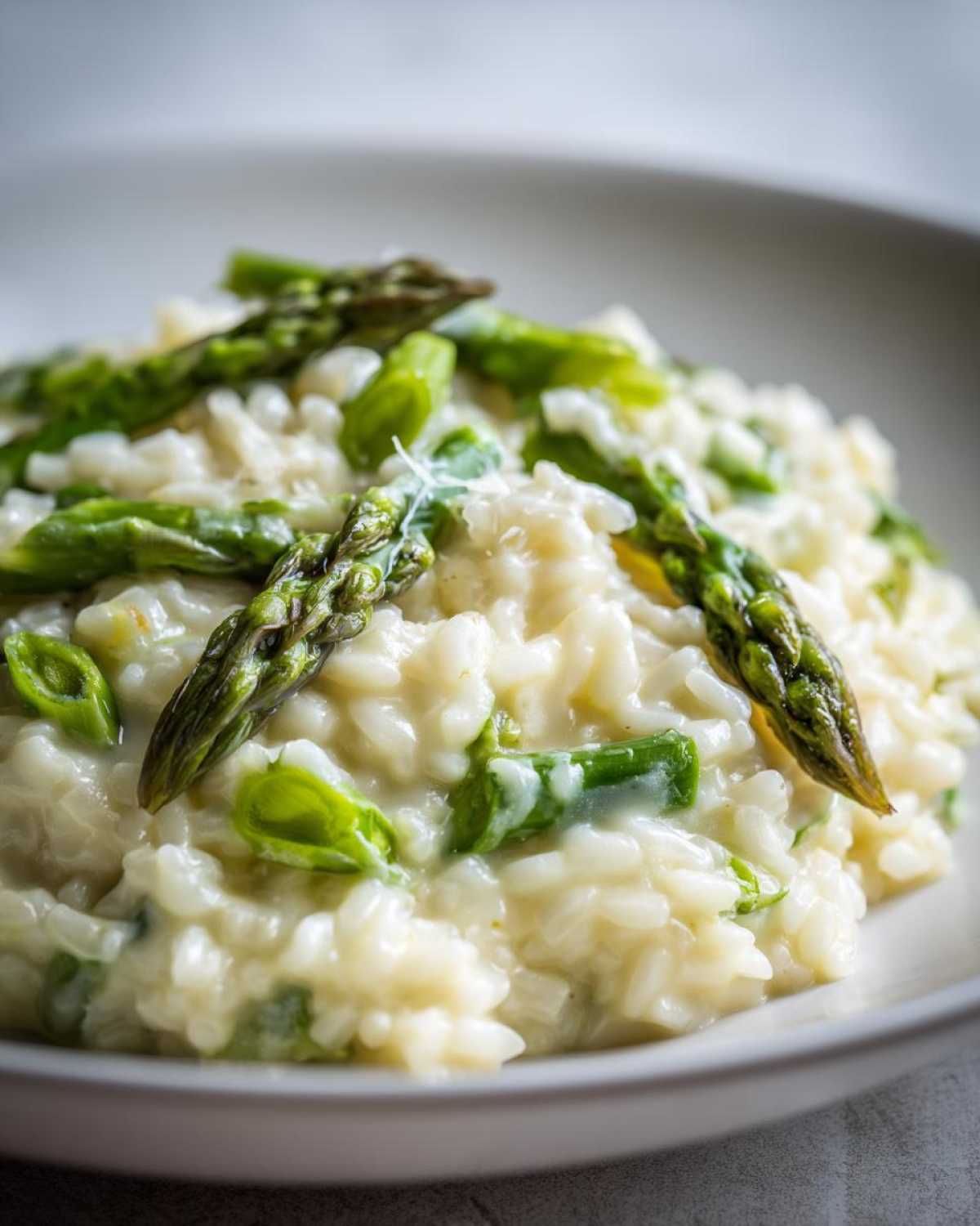 Kremowe Risotto z zielonymi szparagami podane w białej misce, widoczne kawałki szparagów.