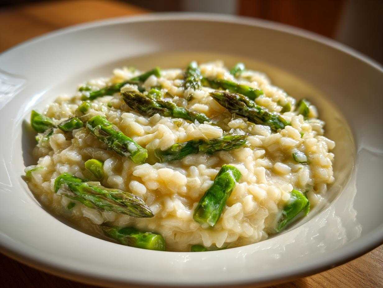 Kremowe Risotto z zielonymi szparagami podane w białej misce, widoczne kawałki szparagów.