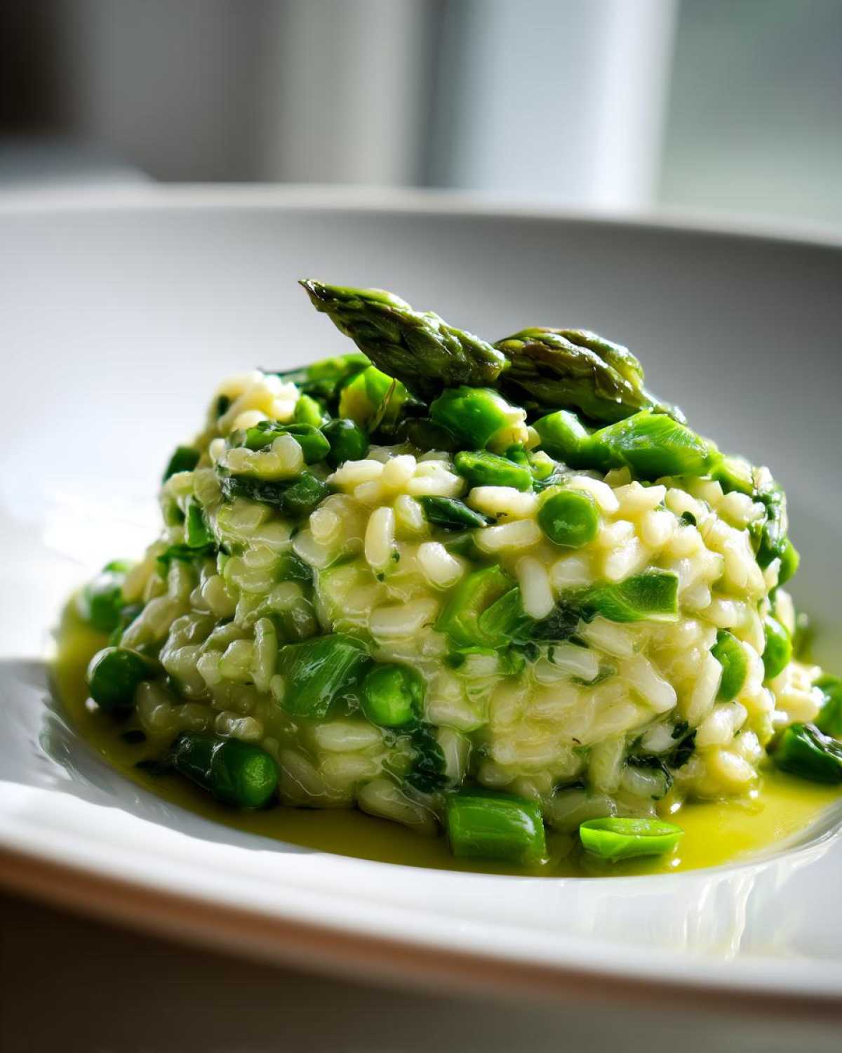 Zbliżenie na porcję kremowego Risotto ze szparagami i groszkiem podane na białym talerzu.