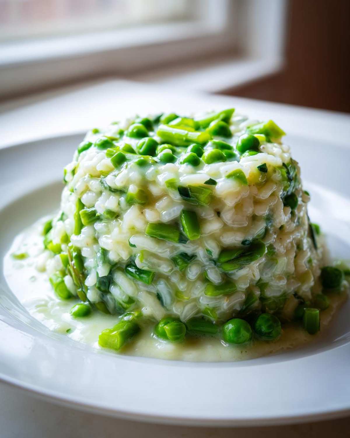 Porcja kremowego Risotto ze szparagami i groszkiem podana na białym talerzu.