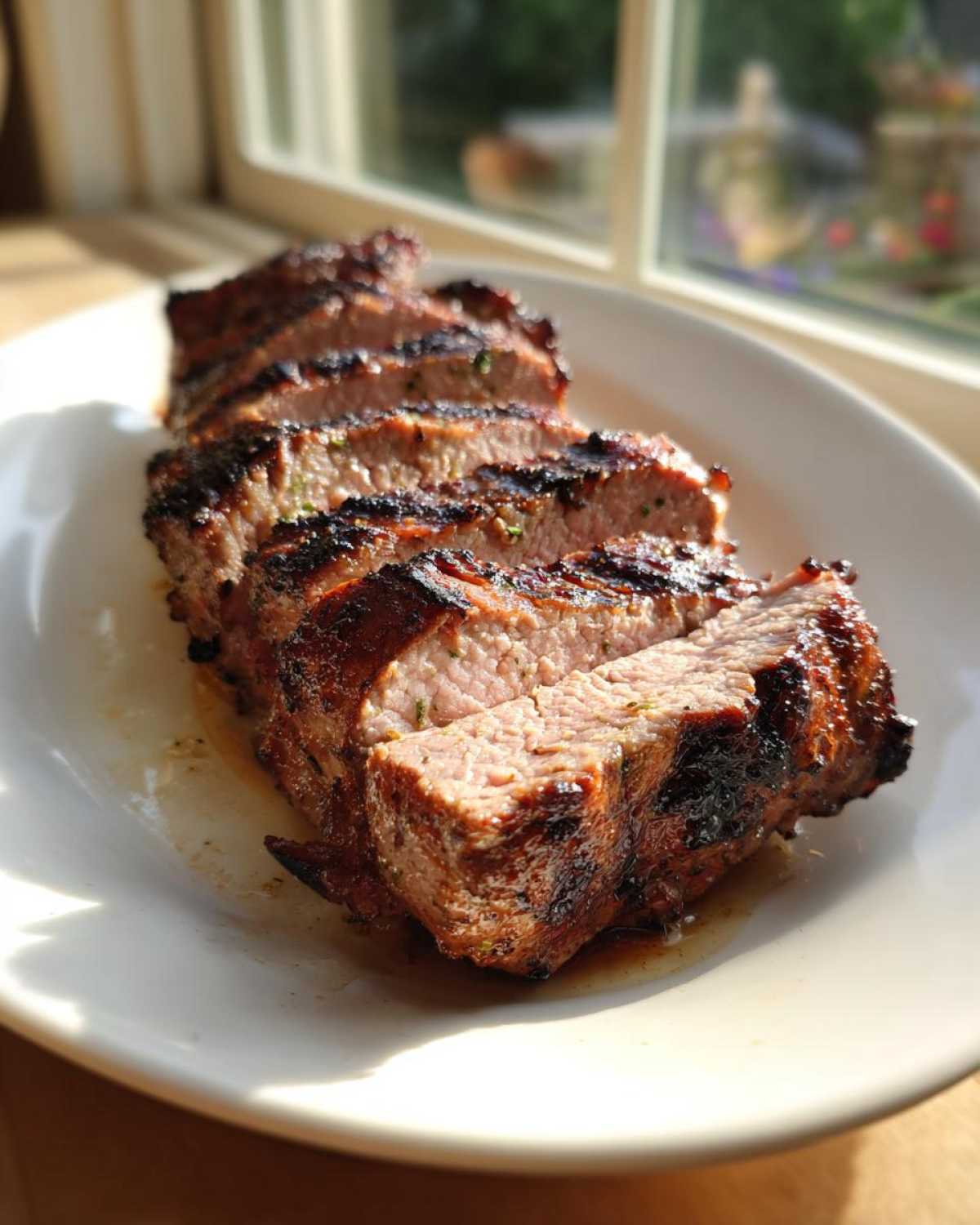 Pokrojona w plastry, soczysta polędwiczka wieprzowa po obróbce z użyciem kubańska marynata mojo.