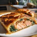Przekrojony kawałek Łosoś Wellington w cieście francuskim z soczystym łososiem i szpinakiem.