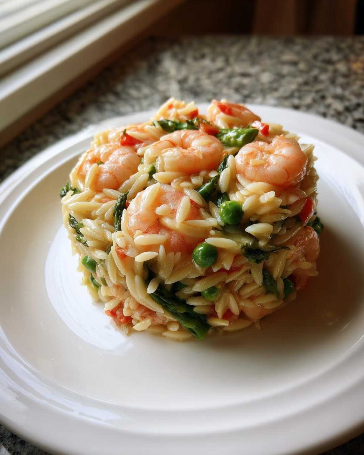 Porcja makaronu orzo z krewetkami, szparagami i groszkiem, uformowana na białym talerzu.