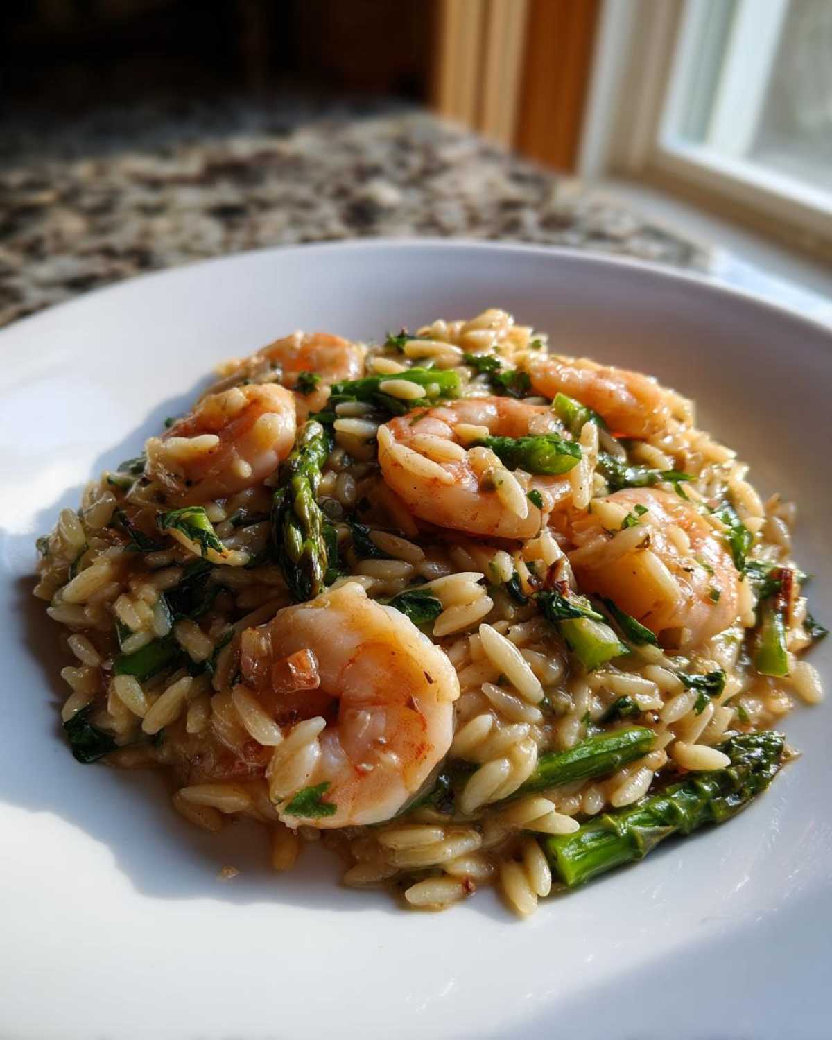 Zbliżenie na porcję makaronu orzo z krewetkami i szparagami, podane na białym talerzu.