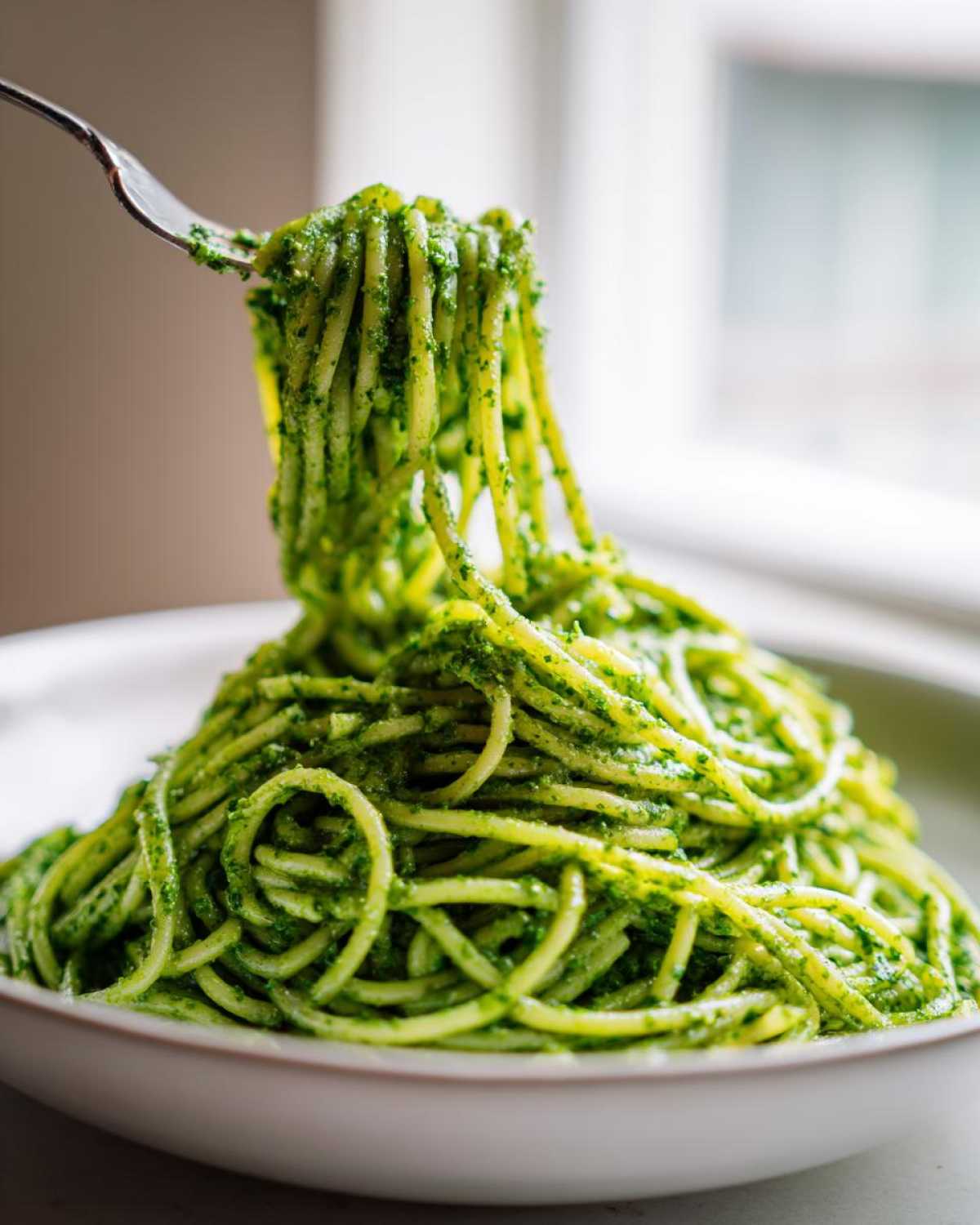 Widelec podnosi porcję spaghetti obficie polaną intensywnie zielonym Pesto z liści botwinki.