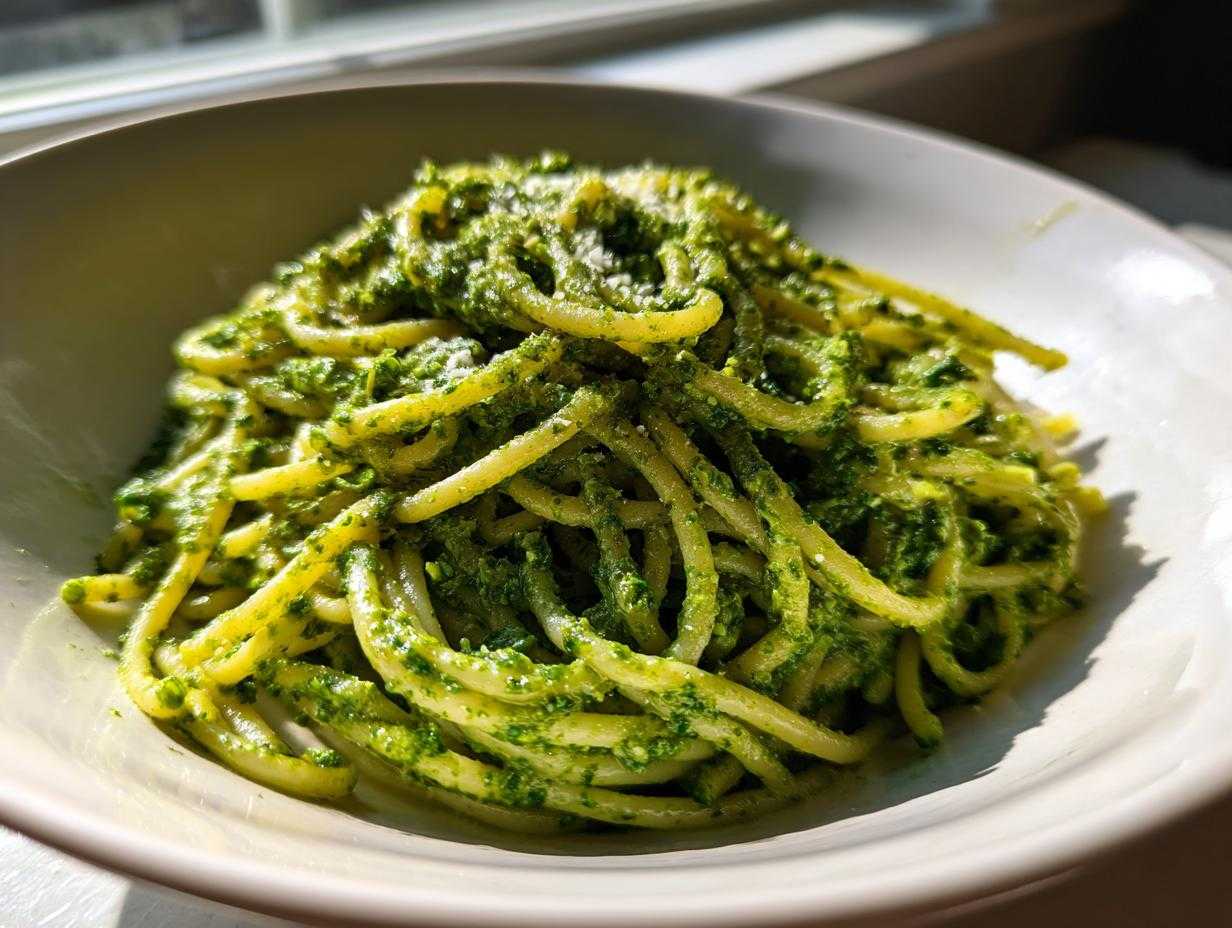 Miseczka makaronu spaghetti obficie polana intensywnie zielonym Pesto z liści botwinki.