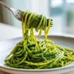 Widelec podnosi porcję makaronu obficie polanego intensywnie zielonym Pesto z liści botwinki.