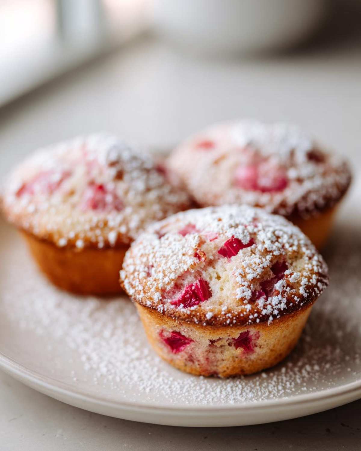Trzy puszyste muffinki z rabarbarem, obficie posypane cukrem pudrem, na jasnym talerzu.