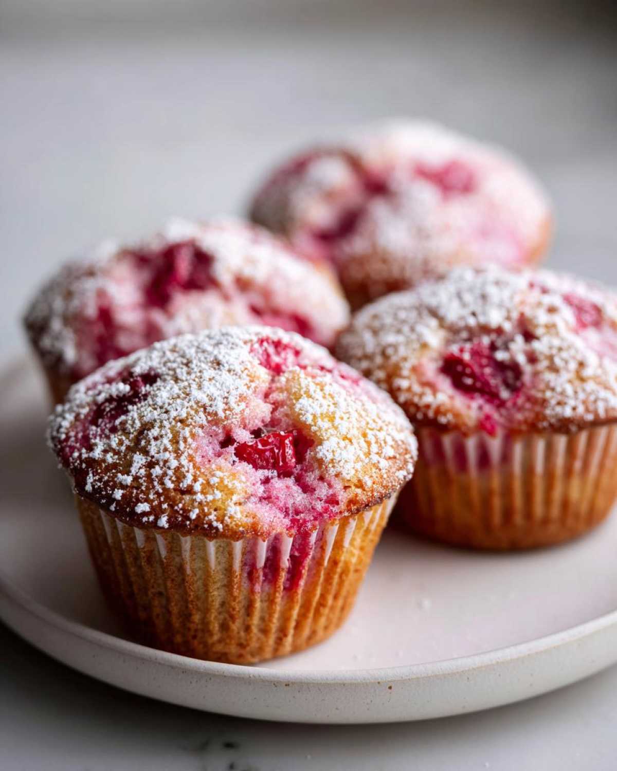 Zbliżenie na cztery puszyste muffinki z rabarbarem, obficie posypane cukrem pudrem, na jasnym talerzu.