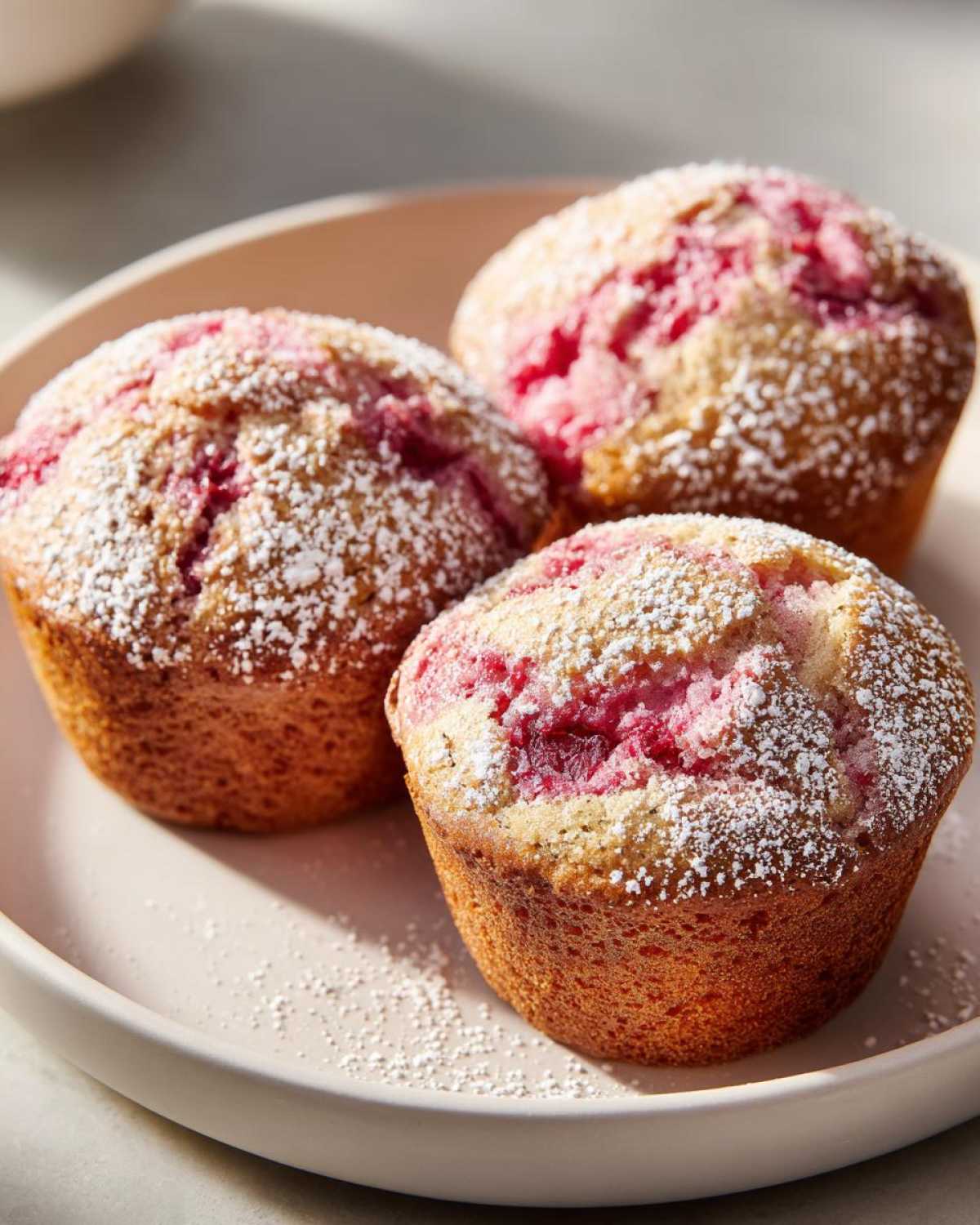 Trzy świeżo upieczone muffinki z rabarbarem, posypane cukrem pudrem, na jasnym talerzu.