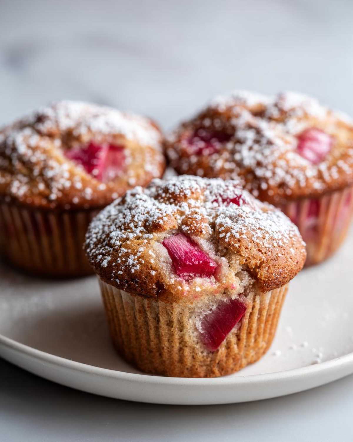 Trzy puszyste muffinki z rabarbarem, obficie posypane cukrem pudrem, na białym talerzu.