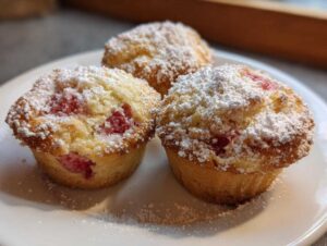 Trzy puszyste muffinki z rabarbarem, obficie posypane cukrem pudrem, na białym talerzyku.