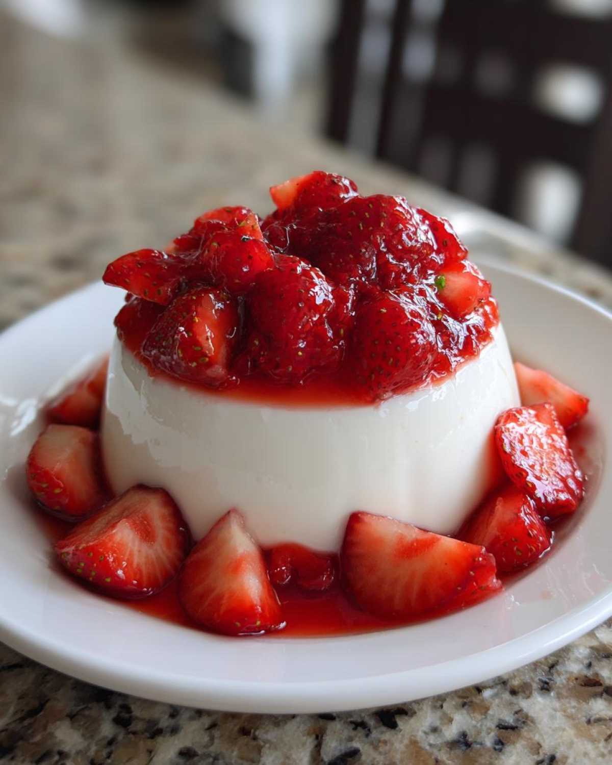 Kremowa panna cotta z truskawkami i sosem truskawkowym na białym talerzu.