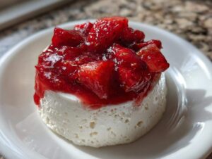 Zbliżenie na deser Panna cotta z truskawkami, polana sosem truskawkowym.