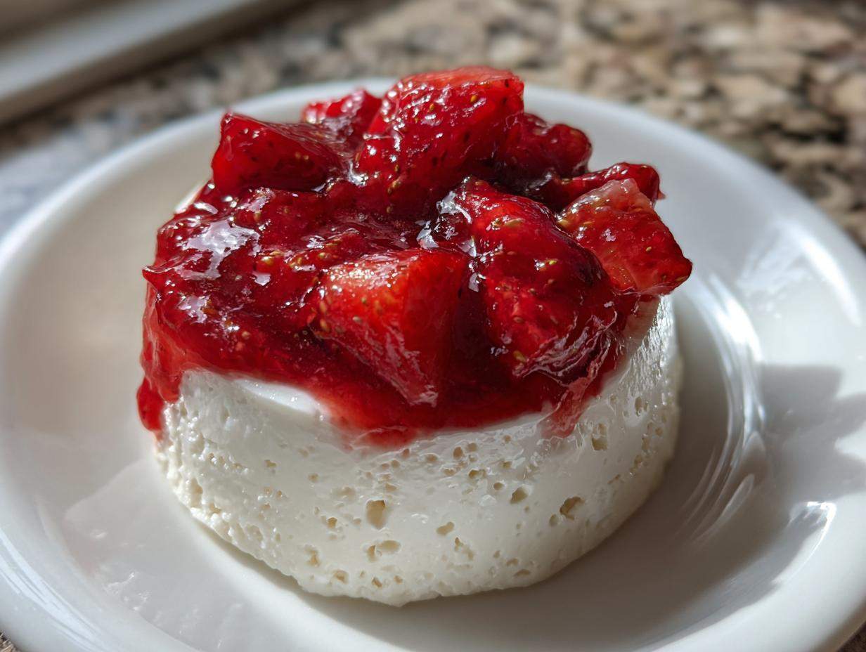 Zbliżenie na deser Panna cotta z truskawkami, polana sosem truskawkowym.