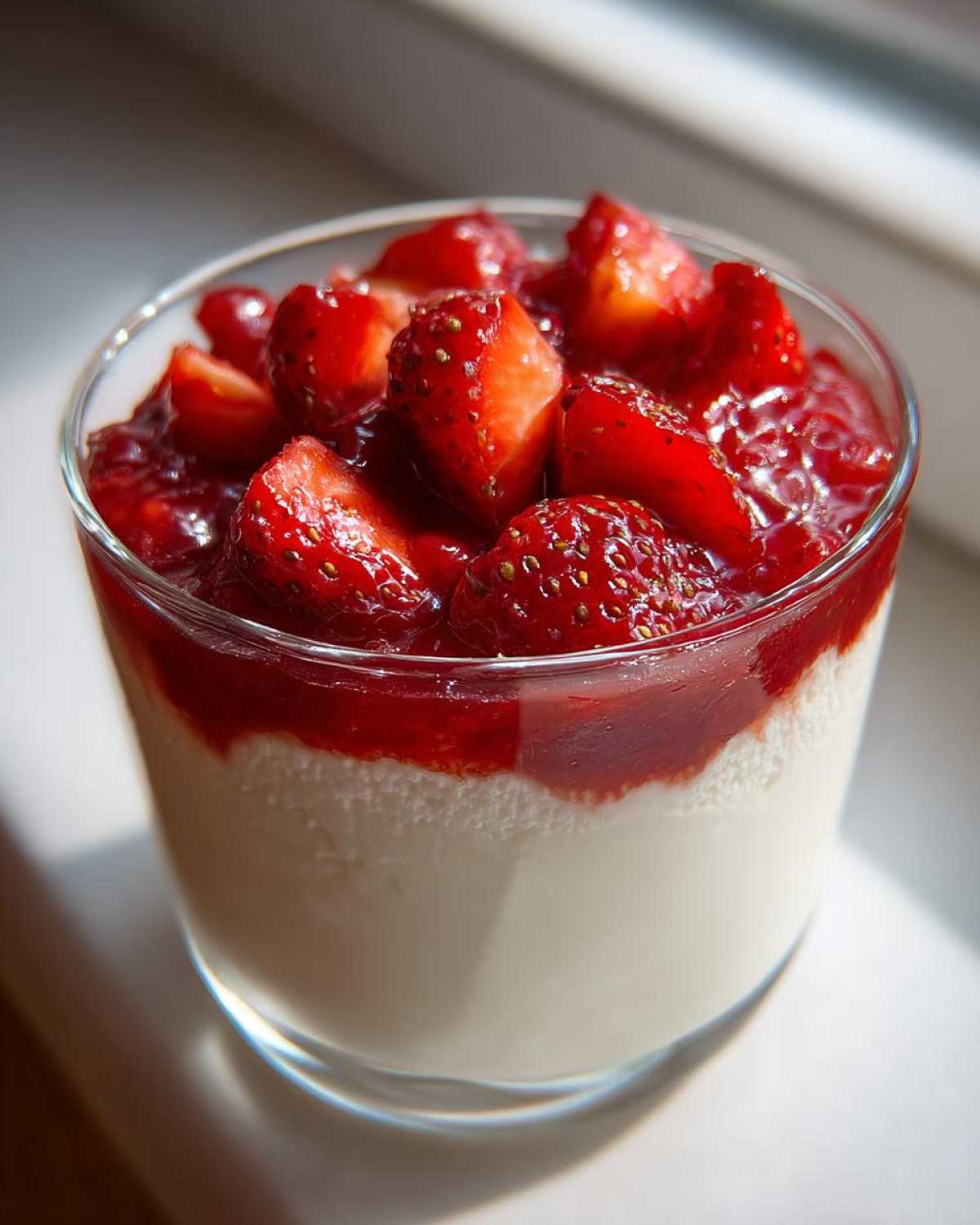 Kremowa panna cotta z truskawkami i sosem truskawkowym w szklance.